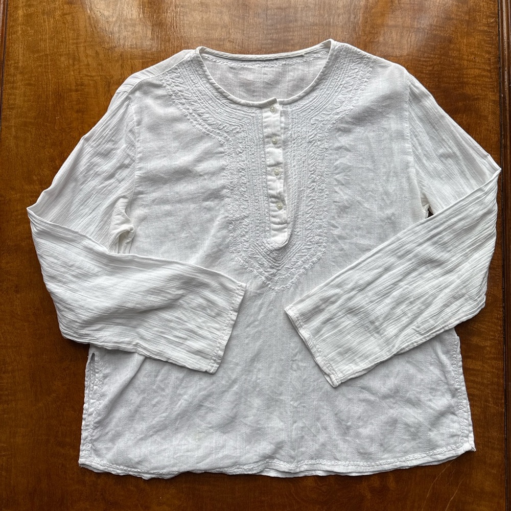 Embroidered Cotton Gauze Peasant Blouse White Boho Henley Textured Top